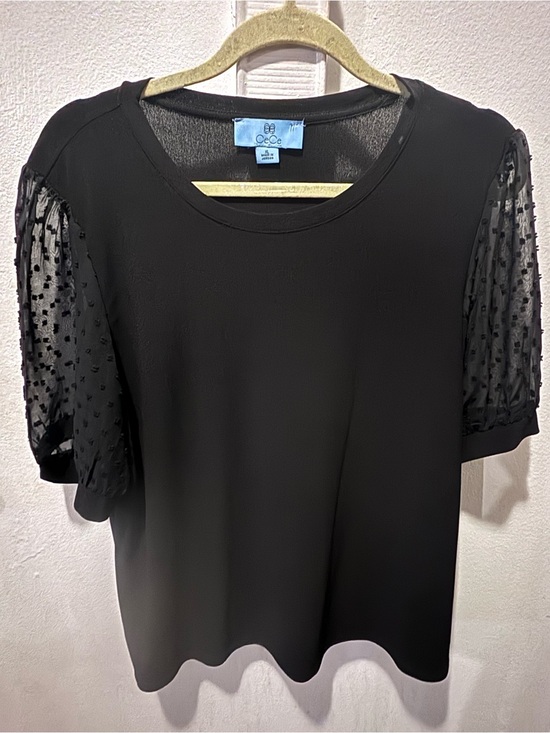 CeCe Tops - CeCe Black Short-Sleeve Top with Sheer Dot Puff Sleeves